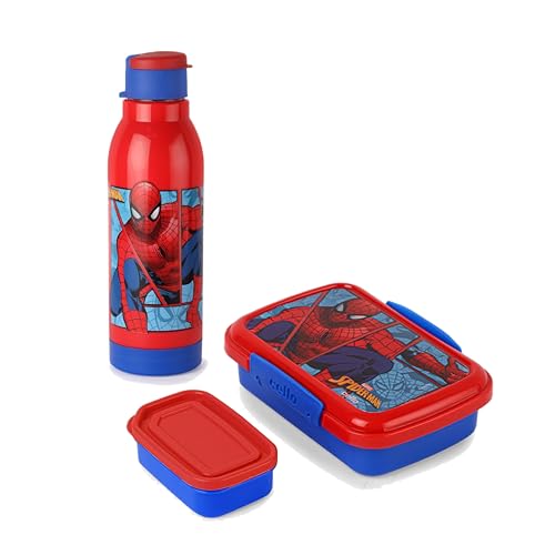 Image of CELLO Lunch On Spiderman Design Kids Combo Set Blue | Inner Compartment Lunch Box with Insulated Water Bottle Leak Proof Airtight Lightweight 3D Print Tiffin Box Bottle Set for School Kids Boys Girls