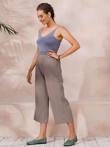 Image of ECUPPER Womens Cotton Cropped Pants Loose Fit Wide Leg Trousers | Casual, Plus Size, Elastic Waist, Capri, 100% Cotton, Slant Pockets, High Rise Waist, Lounge Pants