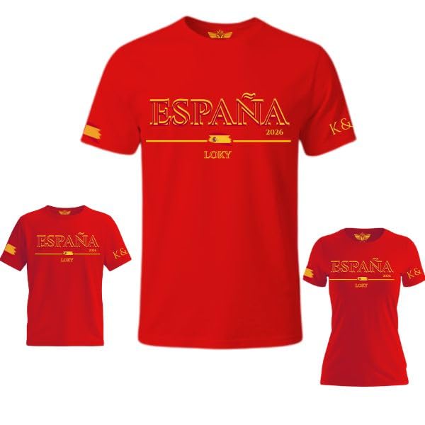 LOKY Camiseta España Mundial 2026, Rojo, Algodón, Manga Corta, para Hombre, Mujer y Niño, Tallas XS XXL (FR/ES, Letras, XS, Rojo) (FR/ES, Letras, XXL, Red)
