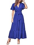 MASCOMODA Swiss Dot Dress for Women 2025 Long Flowy Spring Wedding Guest Wrap V Neck Flutter Sleeve Boho Maxi Dresses(Royal Blue,X-Large)