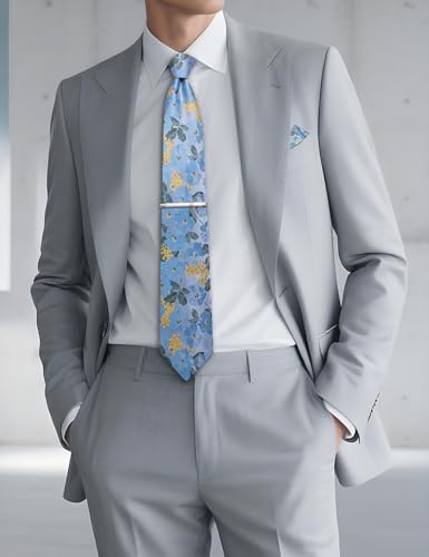 Image of DiBanGu Silk Floral Ties for Men Woven Paisley Necktie and Tie Clip Handkerchief Cufflinks Set for Party Wedding