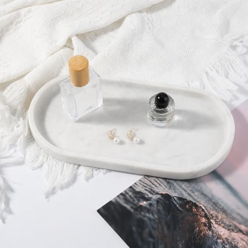 Image of Koville Natural White Marble Tray for Home Decor, 10 inch x 5 inch Marble Vanity Tray for Bathroom Countertop Organizer Stone Trays, Catchall Tray for Perfume, Candles, Jewelry (Bianco Carrara)