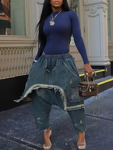 KANSOON Baggy Jeans Women Distressed Denim Harem Pants Elastic Waist Loose Fit Cropped Y2K Streetwear Jeans with Pockets Blue XL3