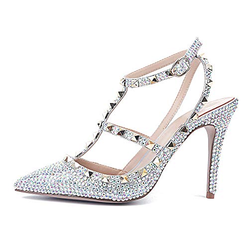 @Y.T Sandalias de Verano con Remaches de Color para Taladro, con Punta Femenina y Boca Poco Profunda, Zapatos de tacón Alto para Mujer, Talla de Zapato Americano, Blanco, 5