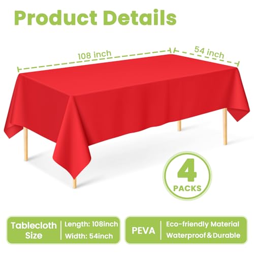Image of Mulbozy Red Plastic Table Cloth Disposable 4 Pack, 54 x 108 Inch Tablecloths Rectangle, Red Plastic Table Cover for Party Decor