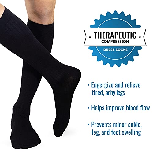 Image of Heelbo Compression Mens Dress Socks to Energize and Relieve Tired, Achy Legs and Improve Blood Flow and Reduce Ankle, Leg and Foot Swelling, Mild Compression, Black, Small