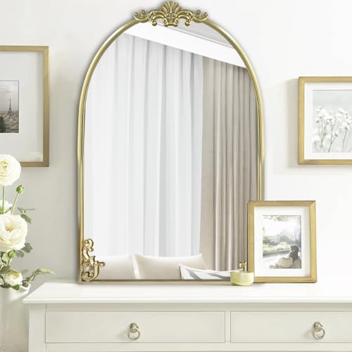 POZINO Gold Traditional Arched Mirror, Baroque Inspired Wall Mirror, Ornate