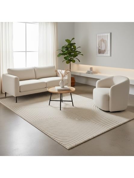 Tapis Moderne à Relief Graphique avec Texture sculptée et Lignes arrondies - Dimension 120x170 cm, Couleur Beige