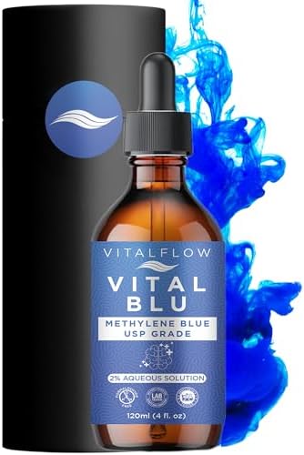 VITALFLOW 2% High Concentrate Methylene Blue 120 ml, Certified USP Grade Solution, Ultra High Third-Party Tested Purity, Free of Heavy Metals, Sturdy Protective Packaging with Dropper