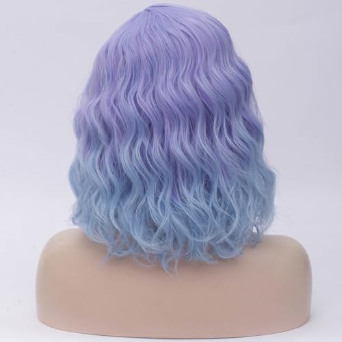 Image of BERON Purple and Blue Womens 14 inch Wigs Short Curly Wavy Wig Purple Ombre Blue Color Shoulder Length Synthetic Party Halloween Wigs Wig Cap Included