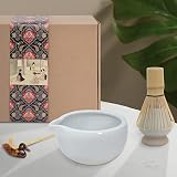 Artcome Japoński zestaw do herbaty Matcha, miska do matcha z wylewką, trzepaczka do matcha, ceramiczny uchwyt na trzepaczkę, pojemnik na proszek matcha, tradycyjny ręcznie robiony zestaw upominkowy na