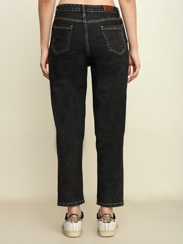 Image of Zayla Women's Mom Fit Cloud Wash Jeans I Full-Length Denim Stretchable High Waist Pant with Curved Pocket I Clean Solid Loose Fit Pants I for Everyday Office Party Girls