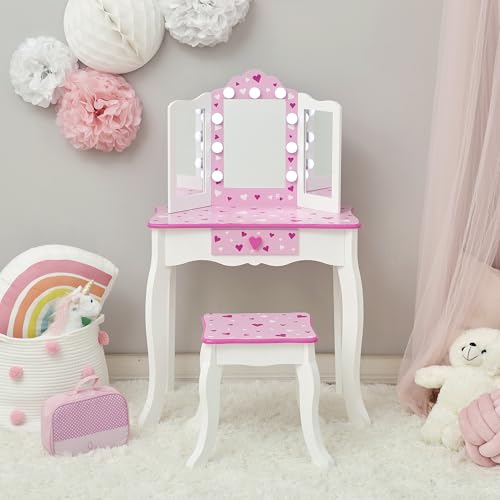 Image of Teamson Kids - Sweethearts Print Gisele Medium Vanity - White /Pink | LED Lights, Tri-Fold Mirror, Stool & Drawer, Pretend Makeup Table, Ages 3+