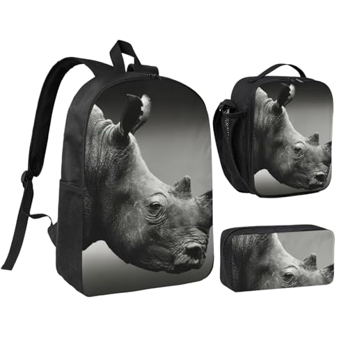 Sac à dos 3 en 1 rhinocéros avec boîte à déjeuner et trousse noire pour l'école