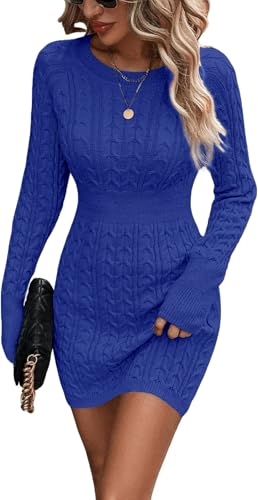 ELFIN Strickkleid Damen Bodycon Pulloverkleid Elegant Herbst Winterkleid Rundhals Langarm Freizeitkleid Cable Knit Sexy Minikleid (S, Saphir Blau)