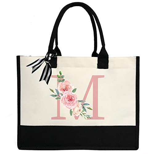 Bolsa feminina de lona com inicial personalizada, bolsa de praia com bolso interno com zíper para casamento, aniversário, praia, férias, M, 16.8 x 6.4 x 12.8 inches