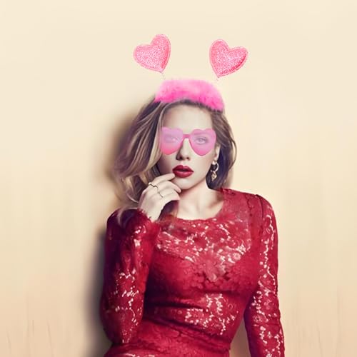 Gintison Pink Heart Headband and Pink Heart Sunglasses Set,Valentine’s Day Galentine’s Day Halloween
