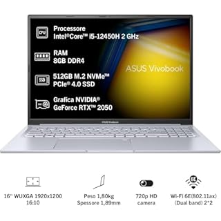 ASUS Vivobook 16X K3605ZF#B0C9QCRQJM, Notebook in alluminio, Monitor WUXGA 16" Anti-Glare, Intel Core 12ma gen i5-12450H, RAM 8GB, 512GB SSD PCIE, NVIDIA GeForce RTX 2050 4GB, Windows 11 Home, Argento