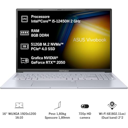 Vivobook 16X K3605ZF#B0C9QCRQJM, Notebook in alluminio, Monitor WUXGA 16" Anti-Glare, Intel Core 12ma gen i5-12450H, RAM 8GB, 512GB SSD PCIE, NVIDIA GeForce RTX 2050 4GB, Windows 11 Home, Argento - Notebook - Immagine 1