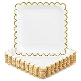Juvale Gold Square Dessert Plates - 7-Inch White Foil Scalloped Edge - Paper Plates - 48 Count - For Bridal Showers & Parties