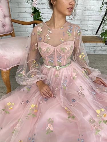 Women's Puffy Sleeve Tulle Prom Dresses Flower Embroidery Long Formal Evening Party Gowns with Pockets4