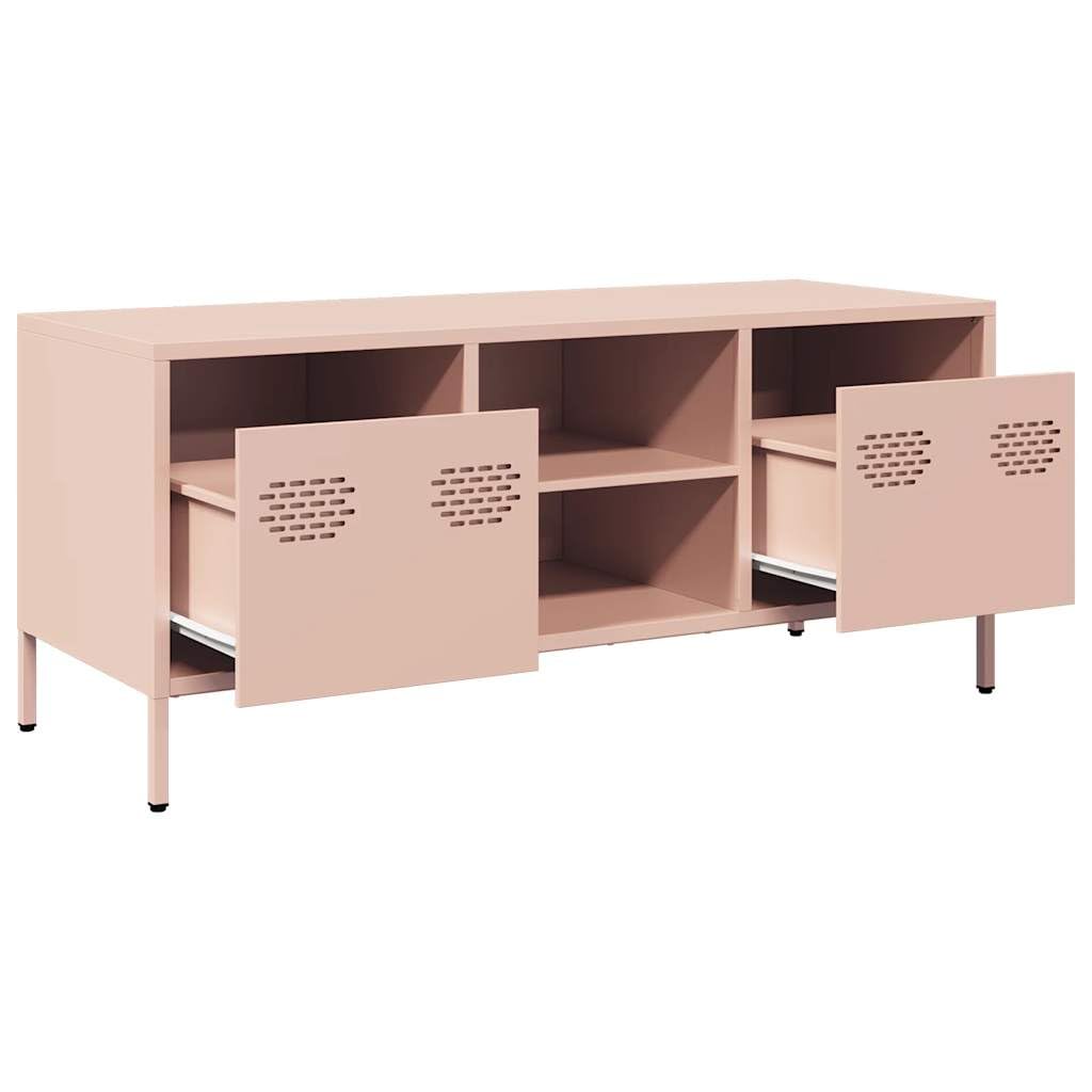 Mobile TV rosa in acciaio laminato a freddo, 101,5 x 39 x 43,5 cm, con 2 cassetti e 2 scomparti, moderno mobile basso per soggiorno e camera da letto, salvaspazio, con piedini per HiFi