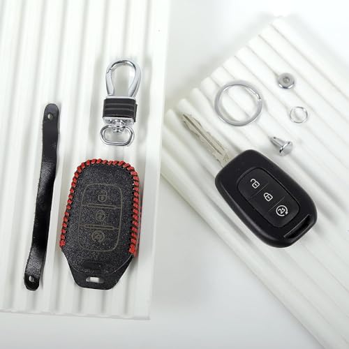 Image of Leather Smart Car Key Cover Case with Metal Hook Keychain for Reanualt Triber, New Kwid, New Duster(Black)