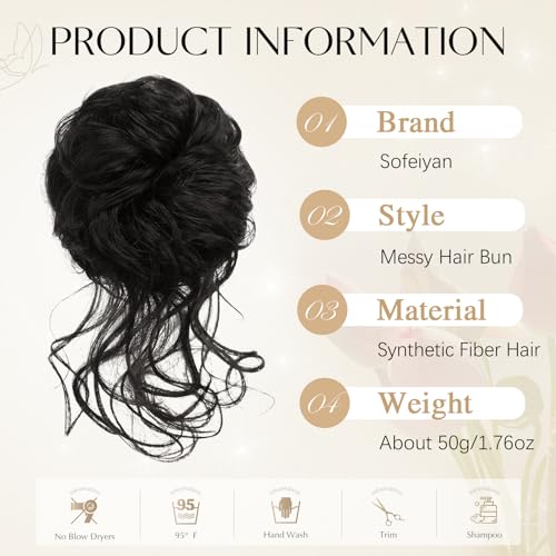 Sofeiyan Messy Bun Hair Piece Curly Wavy Hair Extensions Synthetic Tousled Updo with Tendrils Hairpieces Bun Donut Accessories Scrunchies for Women Natural Black - Image 2