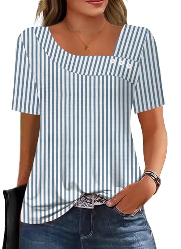 Soesdemo Womens Casual Blouses Striped Short Sleeve Lightweight Asymmetrical Neck Chic Tunic Tops Strip Blue Wihte L