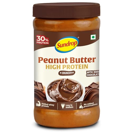 Image of Sundrop High Protein Peanut Butter | Whey Protein Added | Dark Chocolate | 30g Protein & 5.8g Fiber| 500g Crunchy | Low in Sodium | No Preservatives | Tasty & Healthy Nut Butter Spread for Breakfast