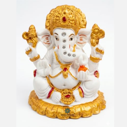 Image of Marble Finish Lord Ganesh Idol for Home Temple | Ganpati Bappa Murti with Stone Work | Ganesh Ji Statue for Puja Room, Office Desk, Car Dashboard | Diwali Gift, Housewarming Decor