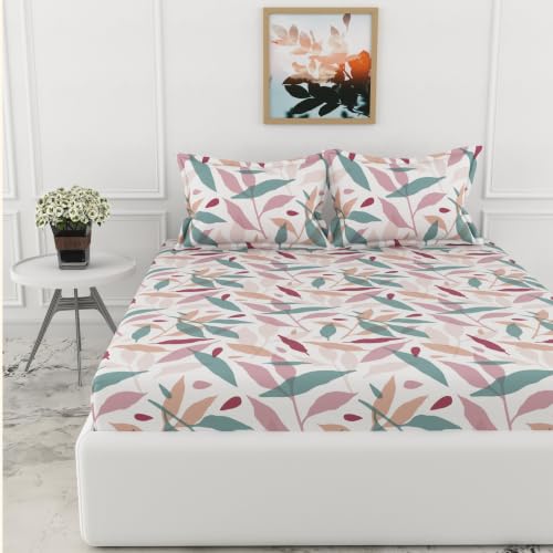 Image of LORETO - A QUALITY LINEN BRAND 210 TC 100% Pure Cotton King Size Fitted Bedsheet with 2 Pillow Covers for 78 x 72 Inch Mattress, All-Around Elastic, 8 Inch Deep Pocket, Pink Leaf Whisper