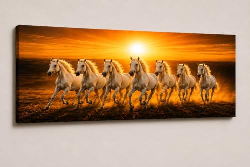 Image of 7 Horse Vastu Sunrise Canvas Painting | Positive Energy Wall Decor | Big Size Premium Running Horses Artwork for Home, Office & Hall Decoration (Modern, Sun White Horse, 44x20 Inch)