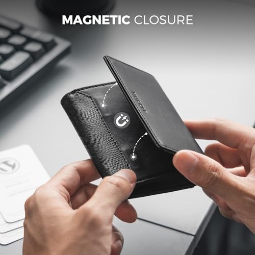 VULKIT Business Card Holder Premium Leather RFID Blocking Card Case With ID Window Magnetic Closure Holds Up to 40 Business Cards4