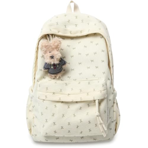 JIABAOZ Mochila Kawaii de Pana con Estampado de Lazo para Mujer, Mochila Universitaria Estilo Preppy Coquette, Bolsa para Laptop, Estilo Coreano, Mochilas de Día (White)
