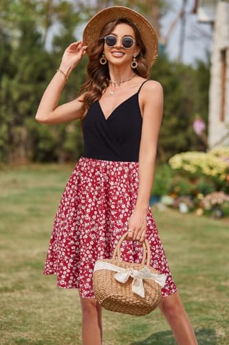 Image of VOTEPRETTY Women's V-Neck Spaghetti Strap Dress Summer Casual Swing Sundress with Pockets