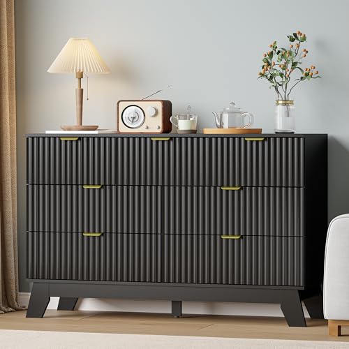 Image of Black Dresser 7 Drawer Dresser for Bedroom, 47''W Fluted Wooden Dresser Storage Cabinet and Chest of Drawers with Metal Handle, Storage Organizer for Living Room, Hallway, Entryway