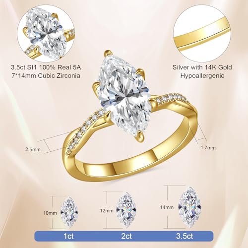 3.5CT Marquise Cut Engagement Ring for Women, Infinity Twisted Promise Wedding Cubic Zirconia Band, White Gold/14K Gold Plated Simulated Diamond Anniversary Rings Size 5-93
