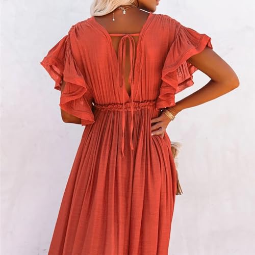 R.Vivimos Maxi Dresses for Women 2025 Summer Short Sleeve V Neck Drawstring Tie Boho Loose Flowy Long Dresses with Pockets4