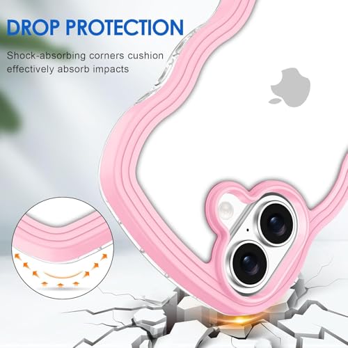 Image of GoldKart iPhone 17 Case Wavy Edge Clear Back Design, Anti-Slip Grip Cute Wave Curly Frame Shape Shockproof Soft TPU & Hard PC Bumper Protective Phone Case Cover for Women Girls - Pink