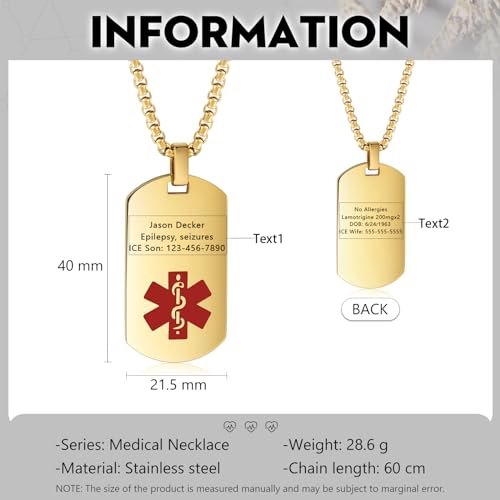 Medical Alert Pendant Necklace for Men Women - Custom Engraved Name ID Tag Stainless Steel Emergency Med Alert Jewelry2