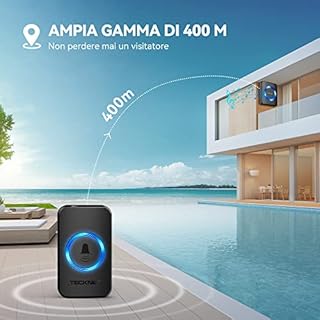 Campanelli Wireless, TeckNet Campanello Senza Fili Portatile Wireless Doorbell, 60 Suonerie, Indicatori LED, 400M Operativo a grande Distanza, 5 Volumi Selezionabili (1xTrasmettitore e 2x Ricevitore)