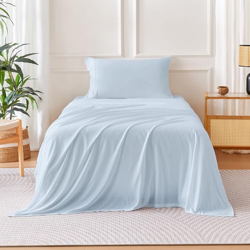 Image of Amazon Basics Jersey Knit 3-Piece Sheet Set, Wrinkle Free and Easy Fit, Includes 16 inch Deep Pocket Fitted Sheet, 1 Flat Sheet and 1 Pillowcase, Twin, Blue