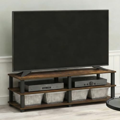 Image of Furinno Turn-S-Tube Toolless Assembly 3-Tier TV Stand, Entertainment Center for TV up to 55 Inch, Wide Printer Stand with Storage Shelf, for Living Room, Bedroom, Amber Pine