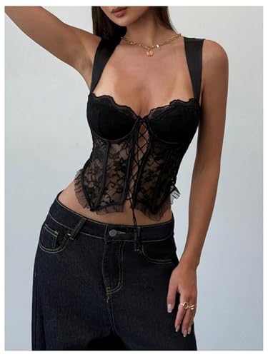 SOLY HUX Women's Lace Bustier Corset Tie Front Mesh Party Going Out Crop Tank Tops Streetwear4