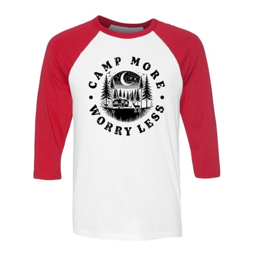 TeesAndTankYou Camp More Worry Less Three-Quarter Raglan Sleeve Baseball Shirt Unisex X-Small White/Red