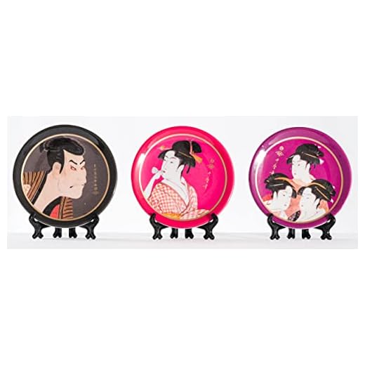 Japanese Ukiyo-e Small Plate. Appetizer,Dessert,Sushi Plates. Soy Sauce,Seasoning,Serving Dish. Dipping Bowl for Kitchen Home, 3.94 inch/Set of 3. w/Display Stand. (Syaraku & Utamaro)