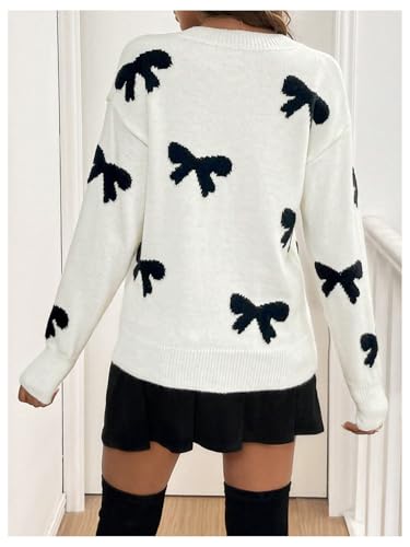 Women's Bowknot Sweater V Neck Long Sleeve Drop Shoulder Knit Pullover Tops Knitwear2