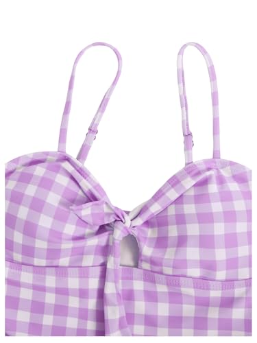 Image of Floerns Girl's Gingham Print Ruched Cut Out Knot Front One Piece Swimsuit