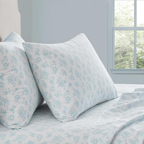 Image of Martha Stewart - Twin Size Sheets Set, Crisp & Tailored Cooling Sheets w /a Naturally Smooth Cotton Percale Lightweight Feel - Bed Sheets with Matching Pillowcase & Fitted Sheet (Floral Blue)